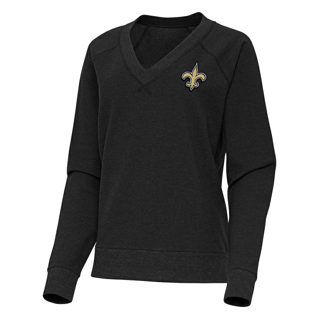 New Orleans Saints Antigua Women's Varsity Tri-Blend V-Neck Long Sleeve T-Shirt Heather Black