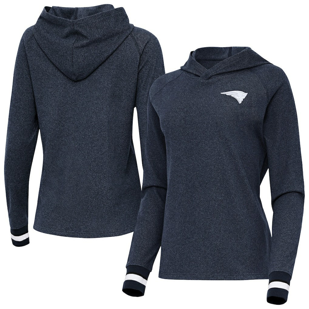 New England Patriots Antigua Women's Trek Raglan Pullover Hoodie Heather Navy