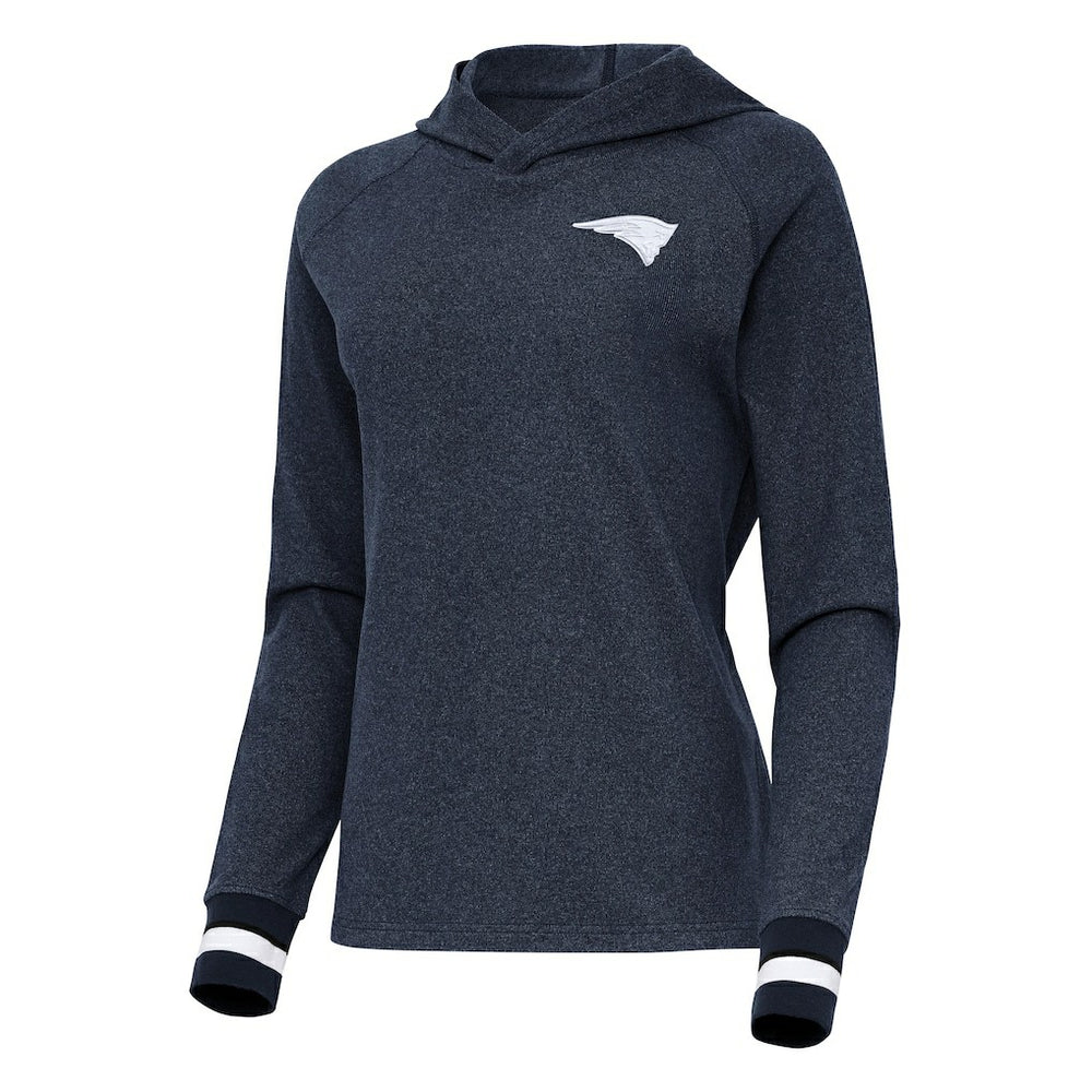 New England Patriots Antigua Women's Trek Raglan Pullover Hoodie Heather Navy