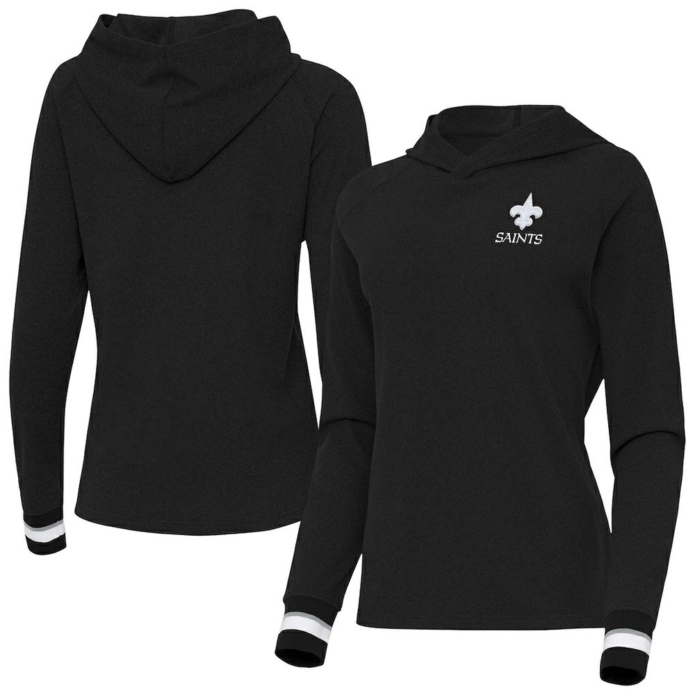 New Orleans Saints Antigua Women's Trek Raglan Pullover Hoodie Black