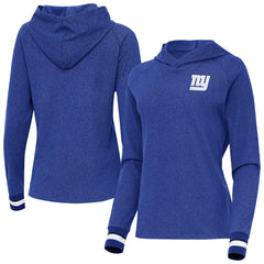 New York Giants Antigua Women's Trek Raglan Pullover Hoodie Heather Royal