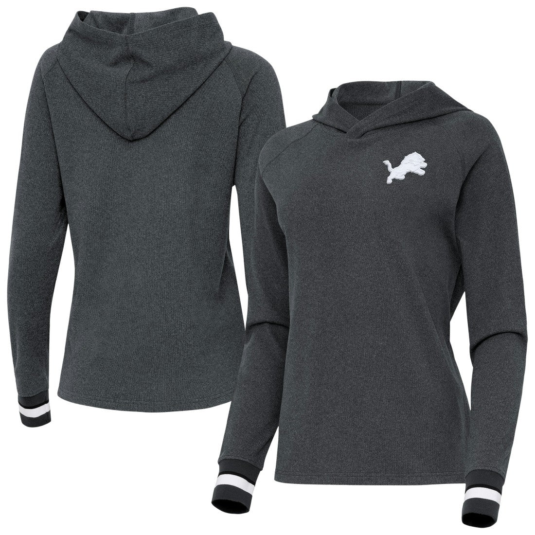 Detroit Lions Antigua Women's Trek Raglan Pullover Hoodie Heather Charcoal