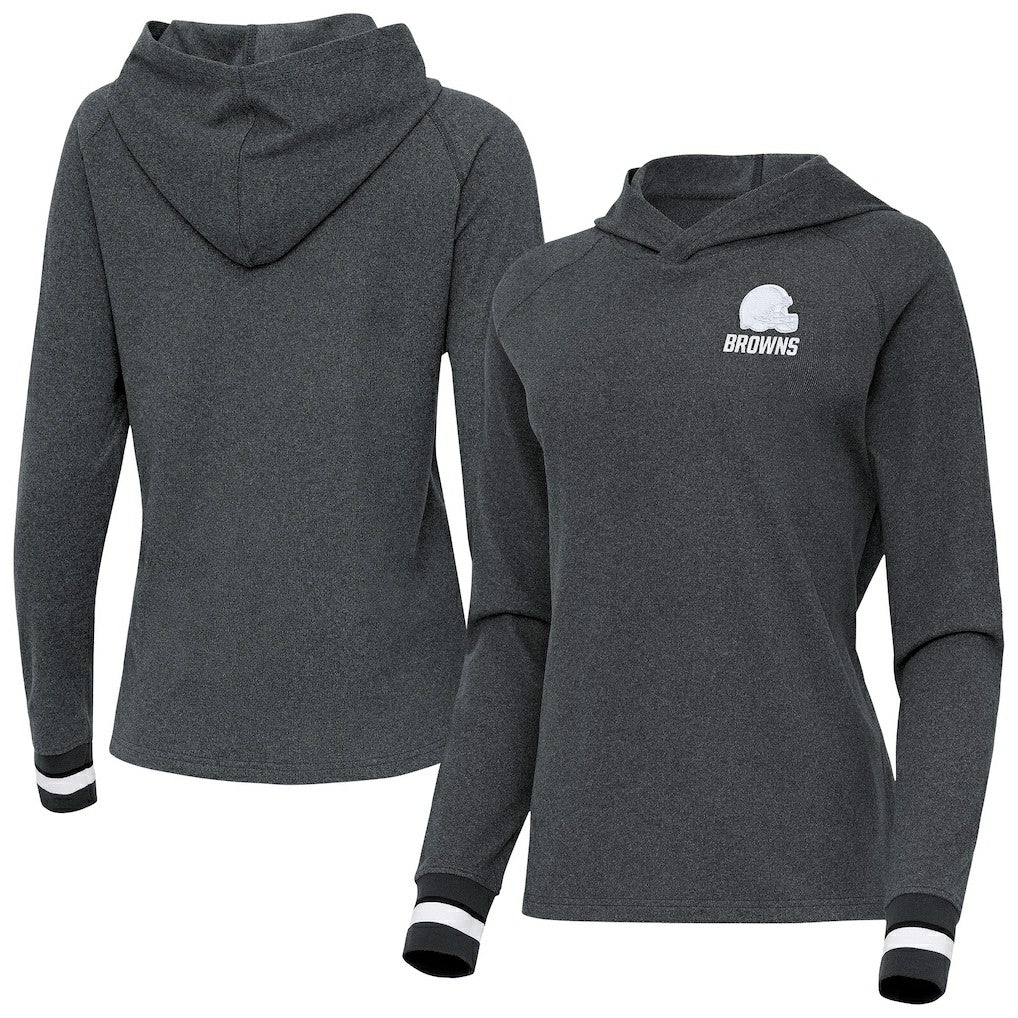 Cleveland Browns Antigua Women's Trek Raglan Pullover Hoodie Heather Charcoal