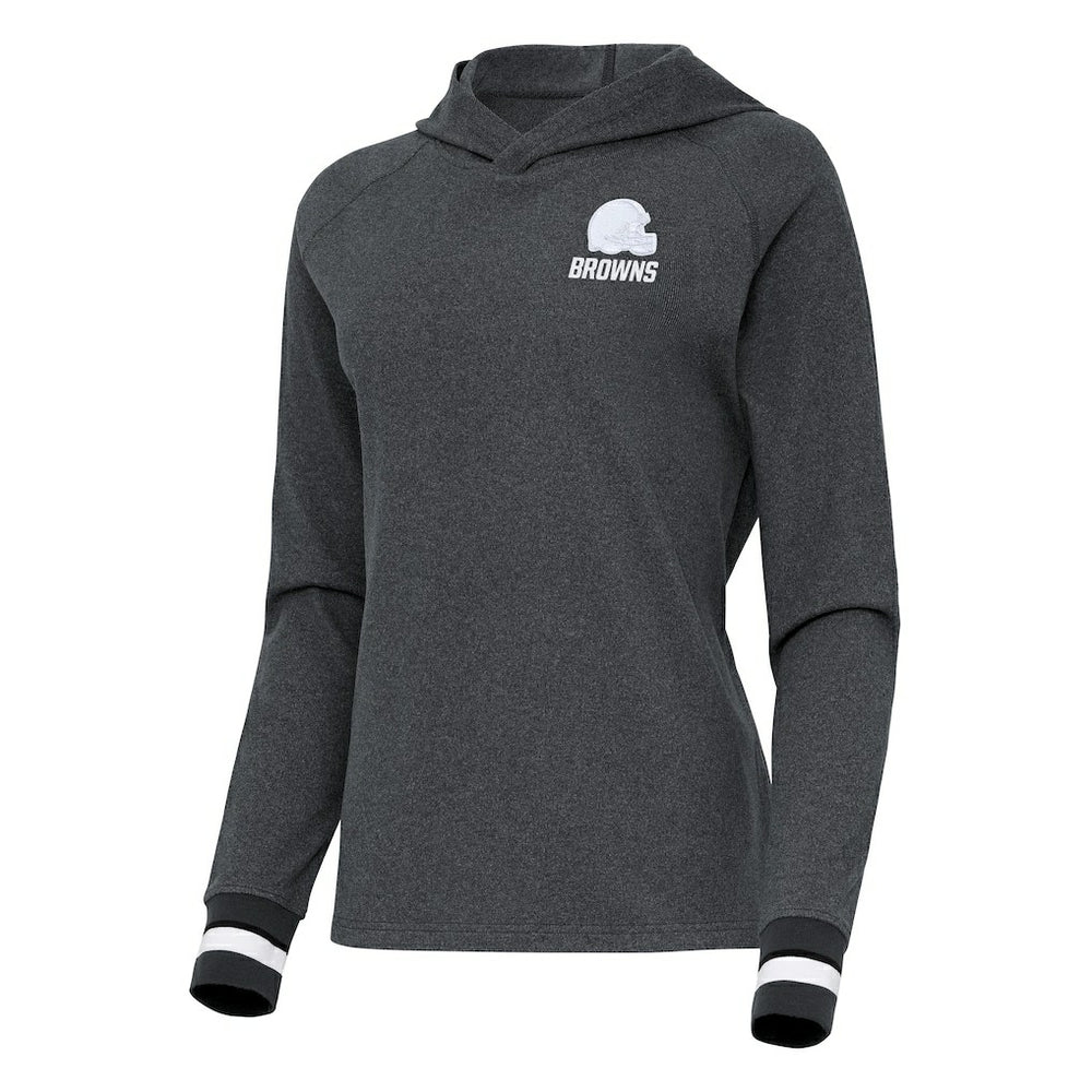 Cleveland Browns Antigua Women's Trek Raglan Pullover Hoodie Heather Charcoal