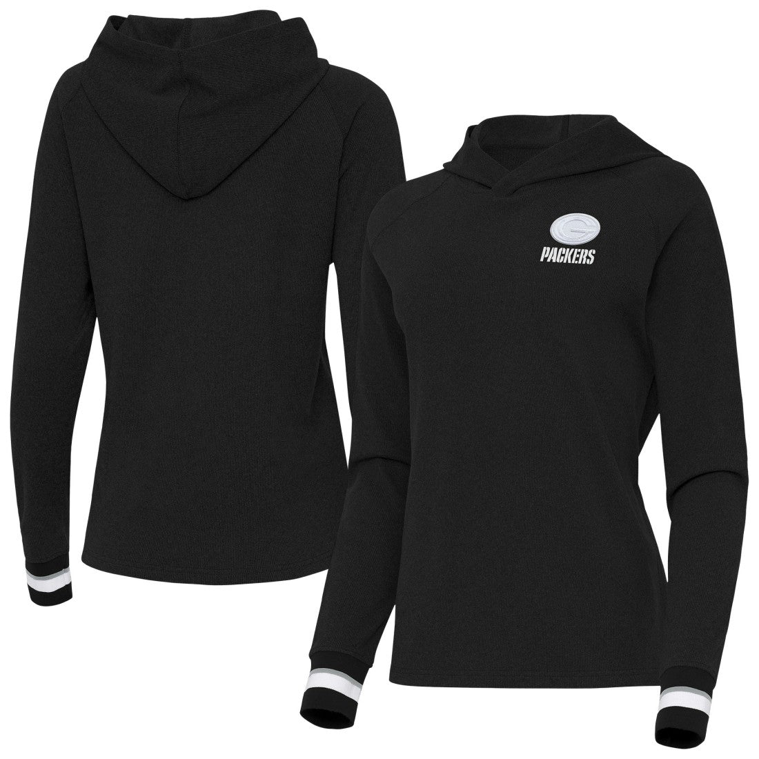 Green Bay Packers Antigua Women's Trek Raglan Pullover Hoodie Black
