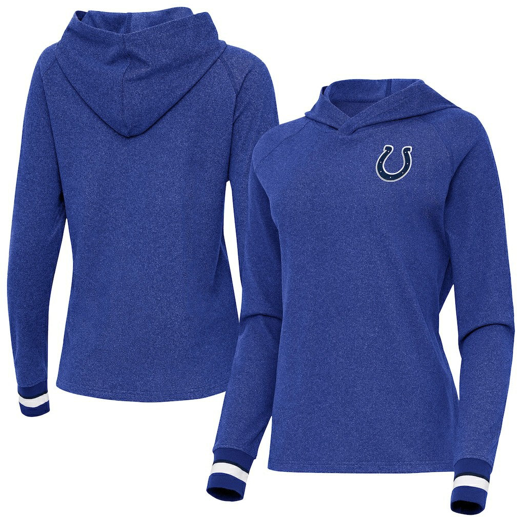 Indianapolis Colts Antigua Women's Trek Raglan Pullover Hoodie Heather Royal