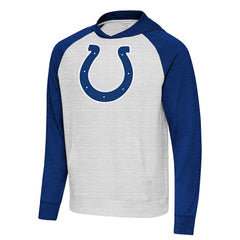 Indianapolis Colts Antigua Urgent Raglan Pullover Hoodie Heather Gray/Heather Royal