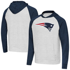 New England Patriots Antigua Urgent Raglan Pullover Hoodie Heather Gray/Heather Navy