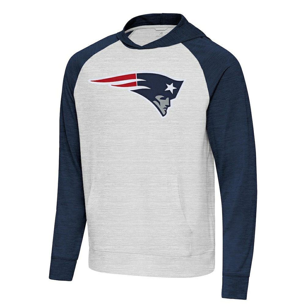 New England Patriots Antigua Urgent Raglan Pullover Hoodie Heather Gray/Heather Navy