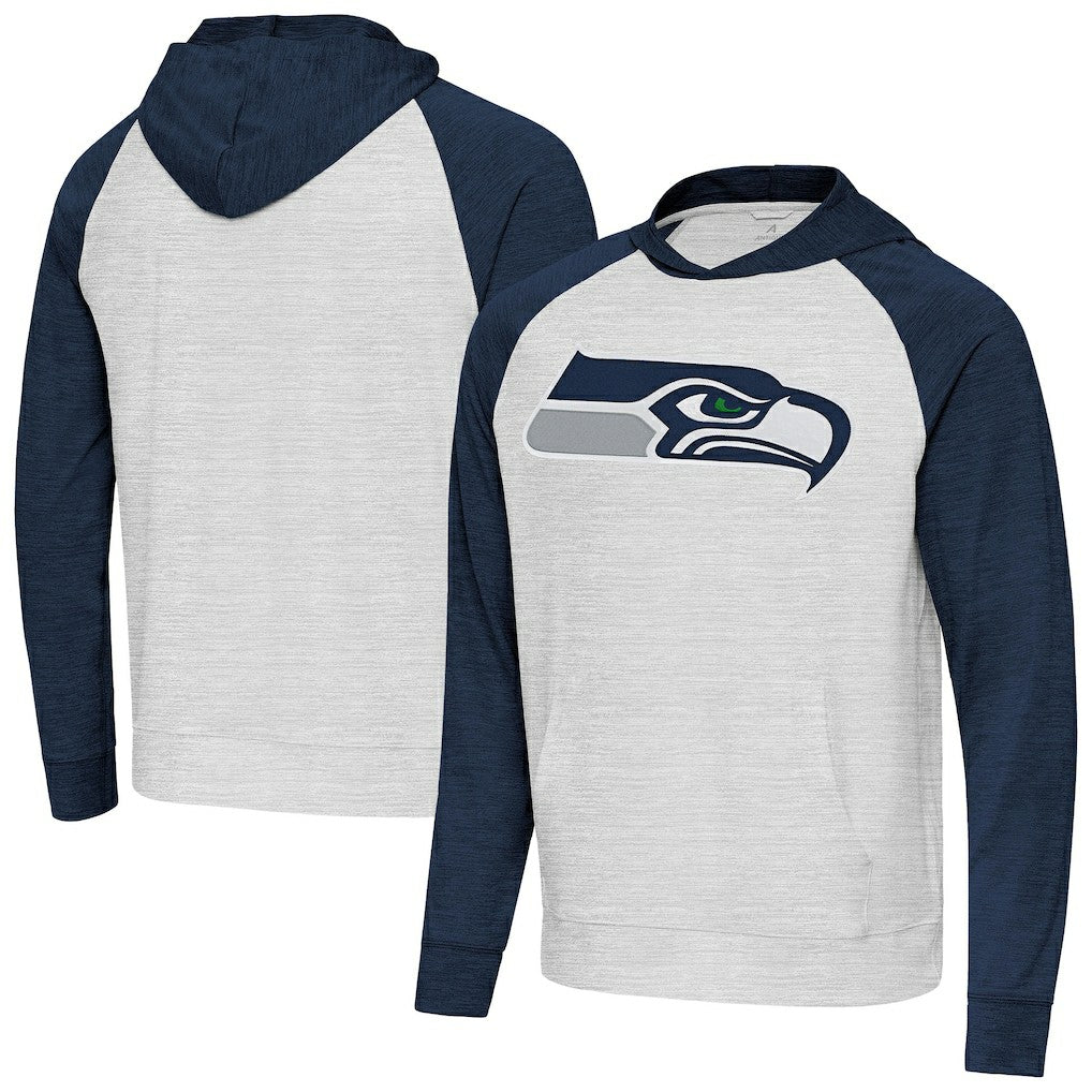 Seattle Seahawks Antigua Urgent Raglan Pullover Hoodie Heather Gray/Heather College Navy