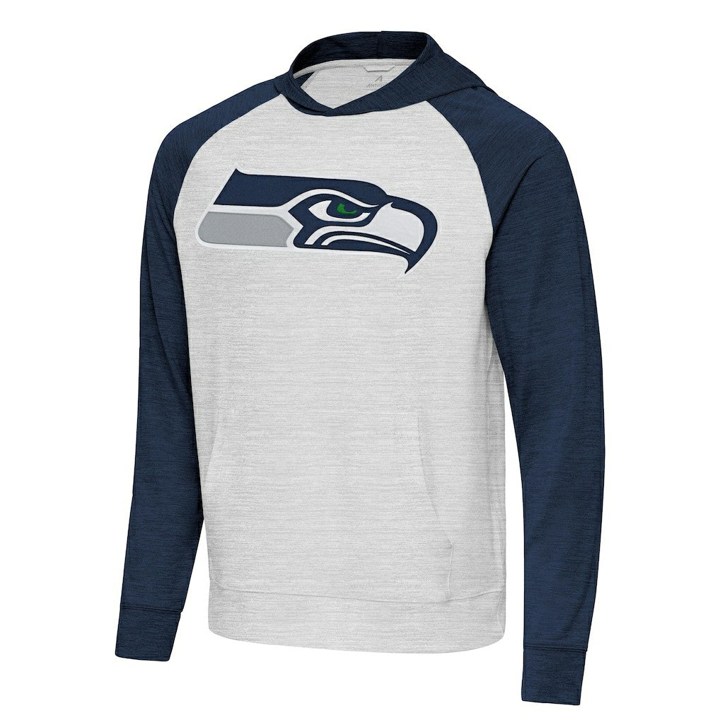Seattle Seahawks Antigua Urgent Raglan Pullover Hoodie Heather Gray/Heather College Navy