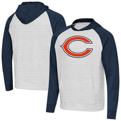 Chicago Bears Antigua Urgent Raglan Pullover Hoodie Heather Gray/Heather Navy