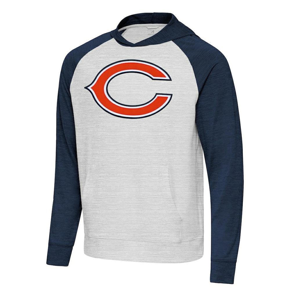 Chicago Bears Antigua Urgent Raglan Pullover Hoodie Heather Gray/Heather Navy