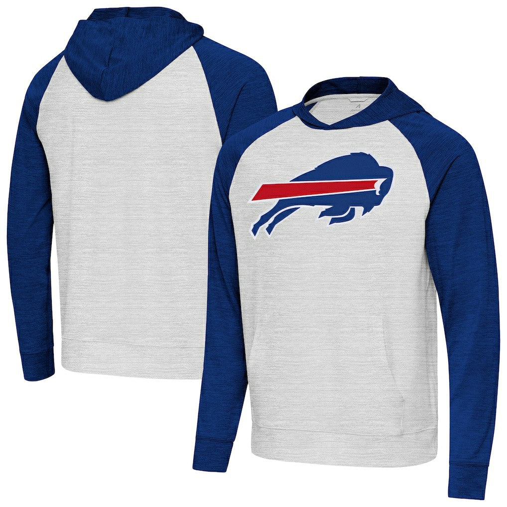 Buffalo Bills Antigua Urgent Raglan Pullover Hoodie Heather Gray/Heather Royal