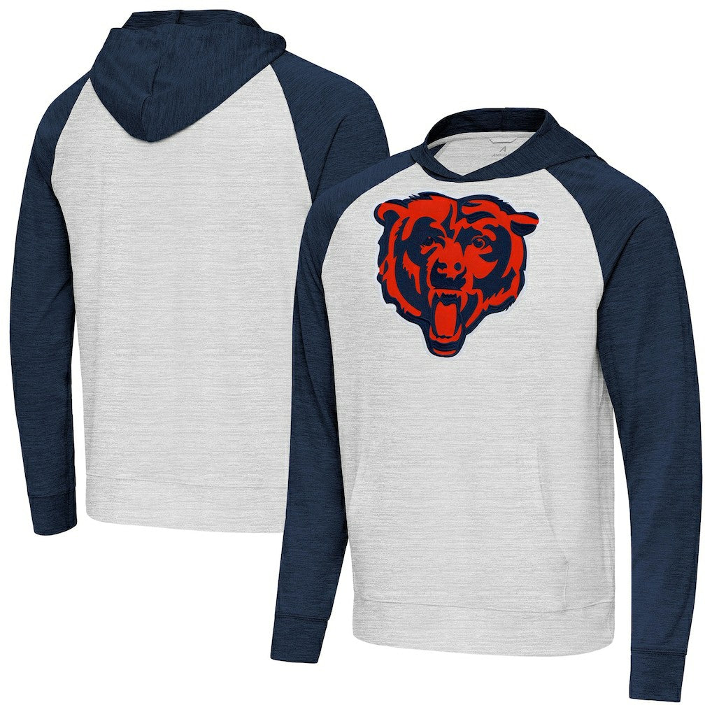 Chicago Bears Antigua Urgent Raglan Pullover Hoodie Heather Gray/Heather Navy