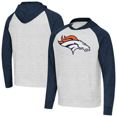 Denver Broncos Antigua Urgent Raglan Pullover Hoodie Heather Gray/Heather Navy