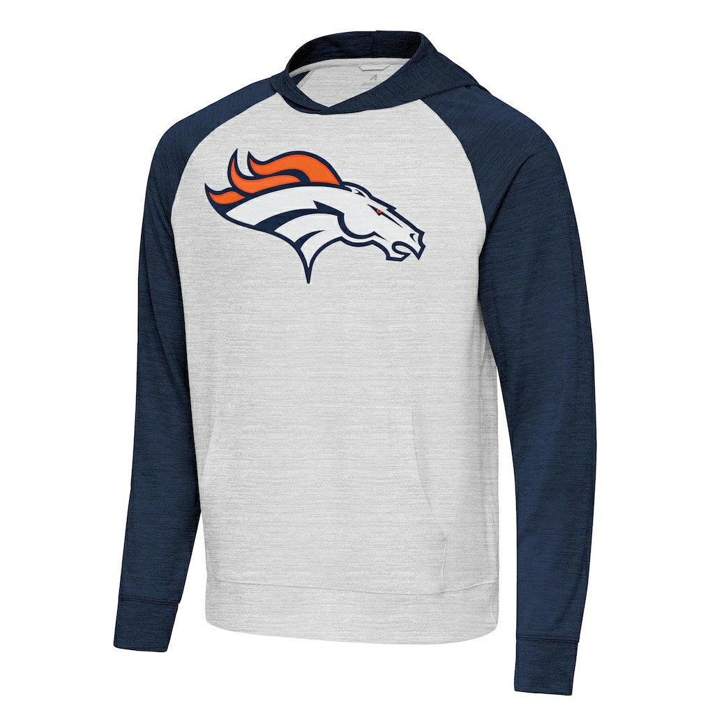 Denver Broncos Antigua Urgent Raglan Pullover Hoodie Heather Gray/Heather Navy