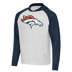 Denver Broncos Antigua Urgent Raglan Pullover Hoodie Heather Gray/Heather Navy