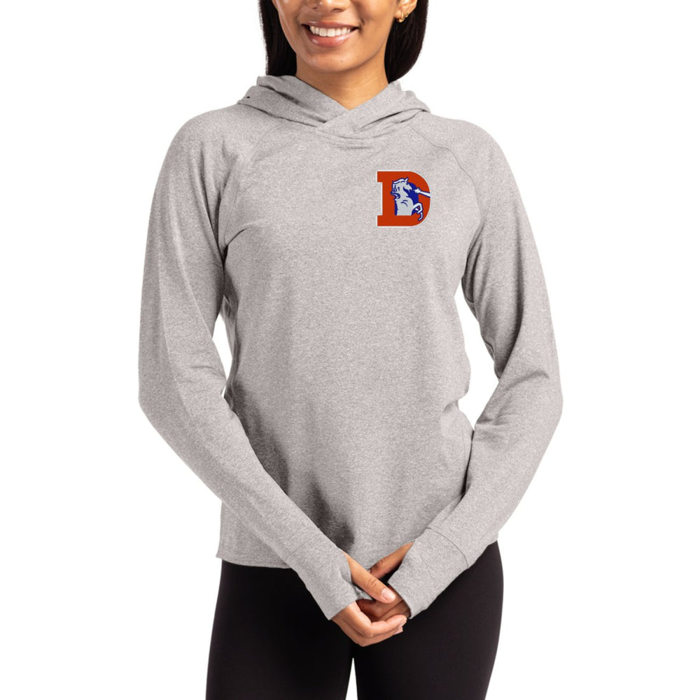 Denver Broncos Cutter & Buck Women's Throwback Logo Adapt Knit Recycled Raglan Pullover Hoodie Heather Gray