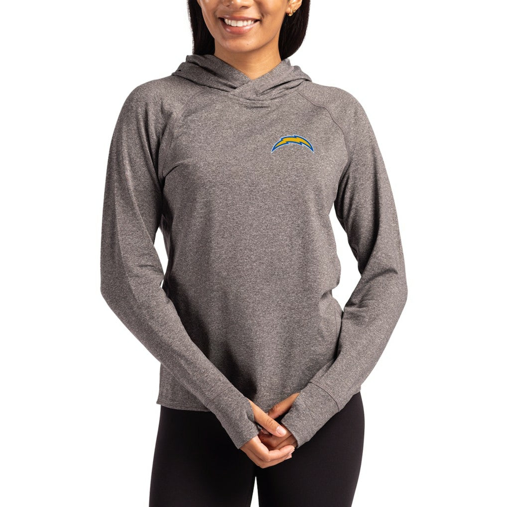 Los Angeles Chargers Cutter & Buck Women's Primary Logo Adapt Knit Recycled Raglan Pullover Hoodie Heather Charcoal