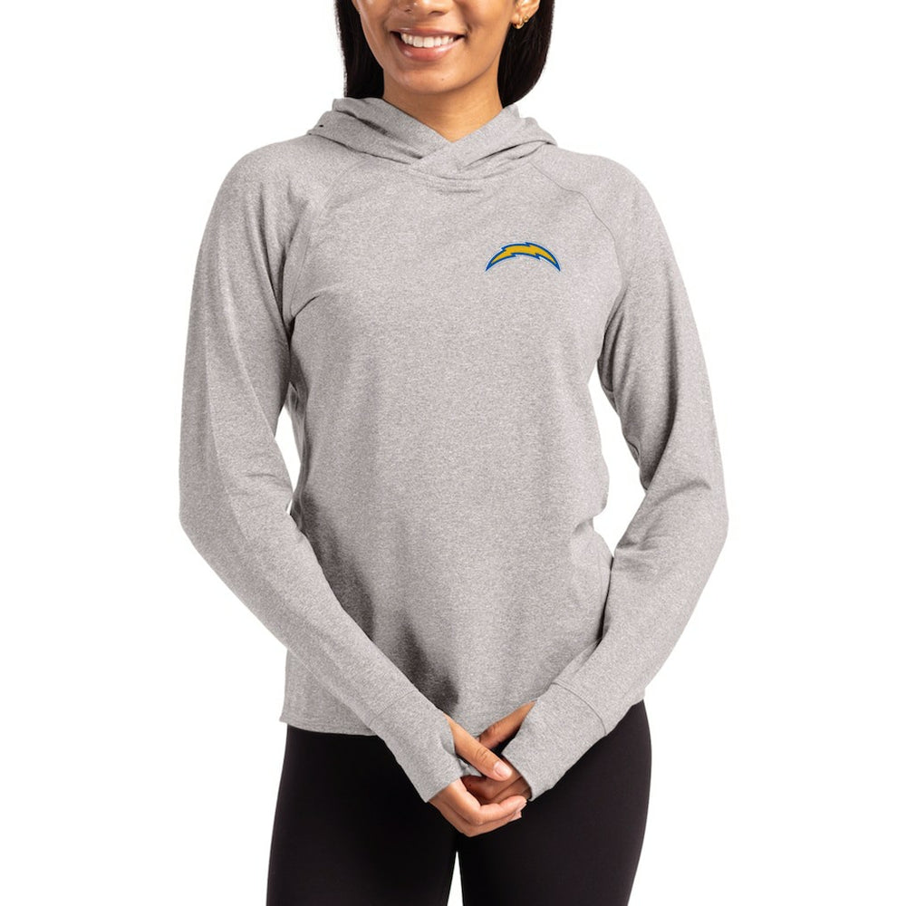 Los Angeles Chargers Cutter & Buck Women's Primary Logo Adapt Knit Recycled Raglan Pullover Hoodie Heather Gray