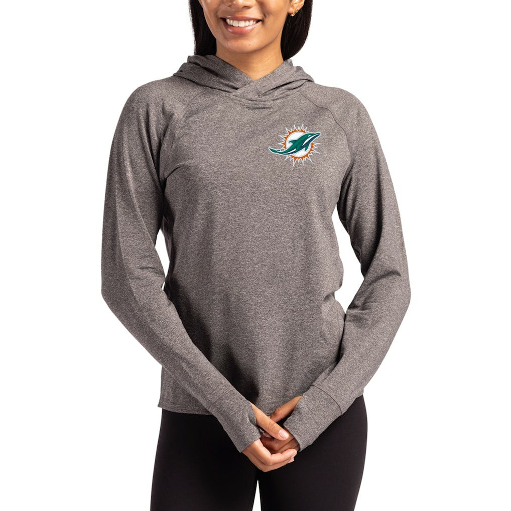 Miami Dolphins Cutter & Buck Women's Primary Logo Adapt Knit Recycled Raglan Pullover Hoodie Heather Charcoal