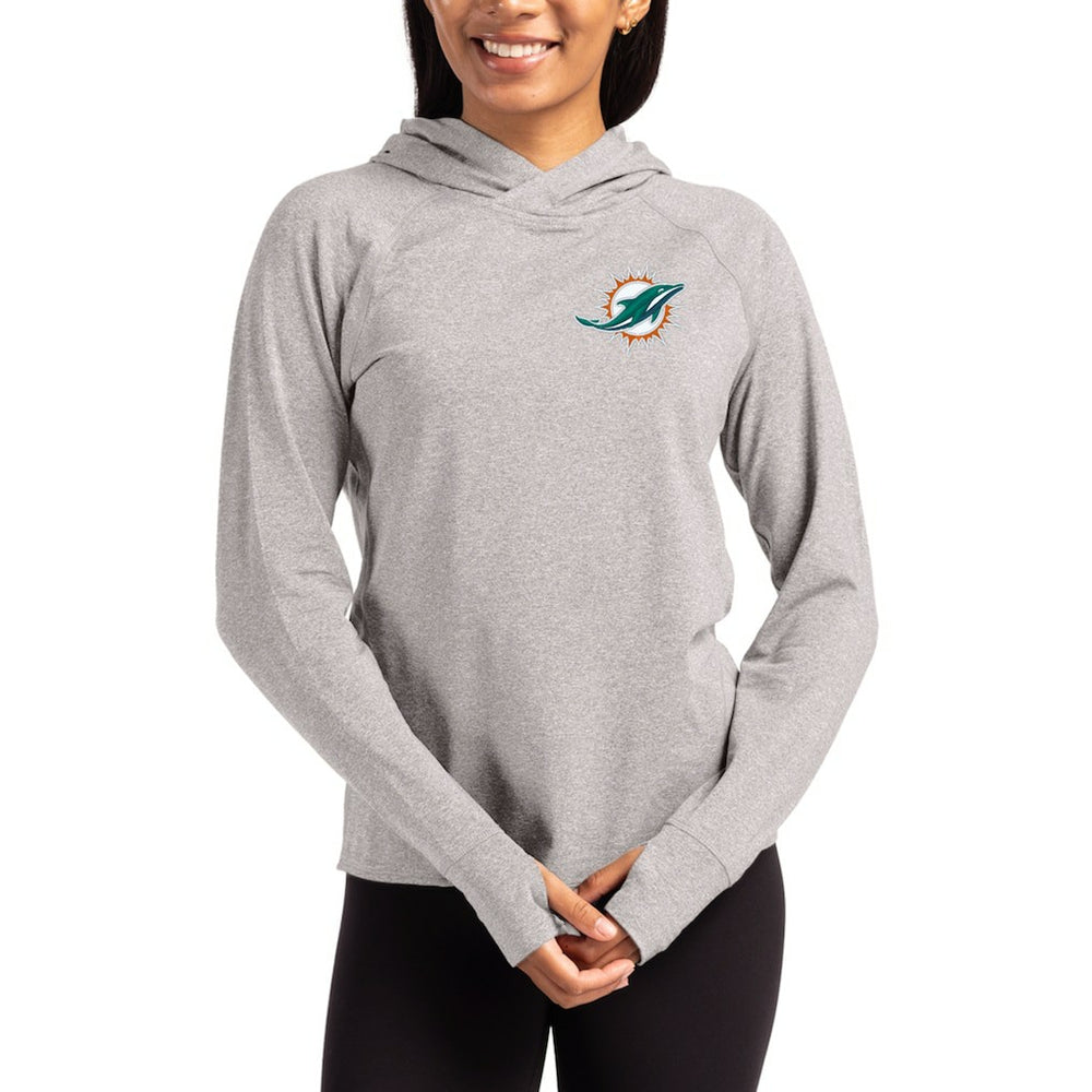 Miami Dolphins Cutter & Buck Women's Primary Logo Adapt Knit Recycled Raglan Pullover Hoodie Heather Gray