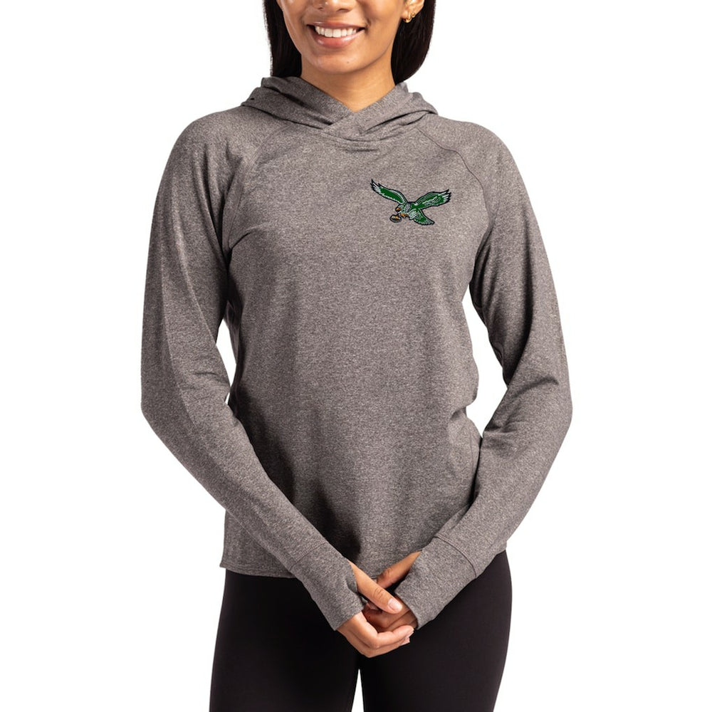 Philadelphia Eagles Cutter & Buck Women's Throwback Logo Adapt Knit Recycled Raglan Pullover Hoodie Heather Charcoal