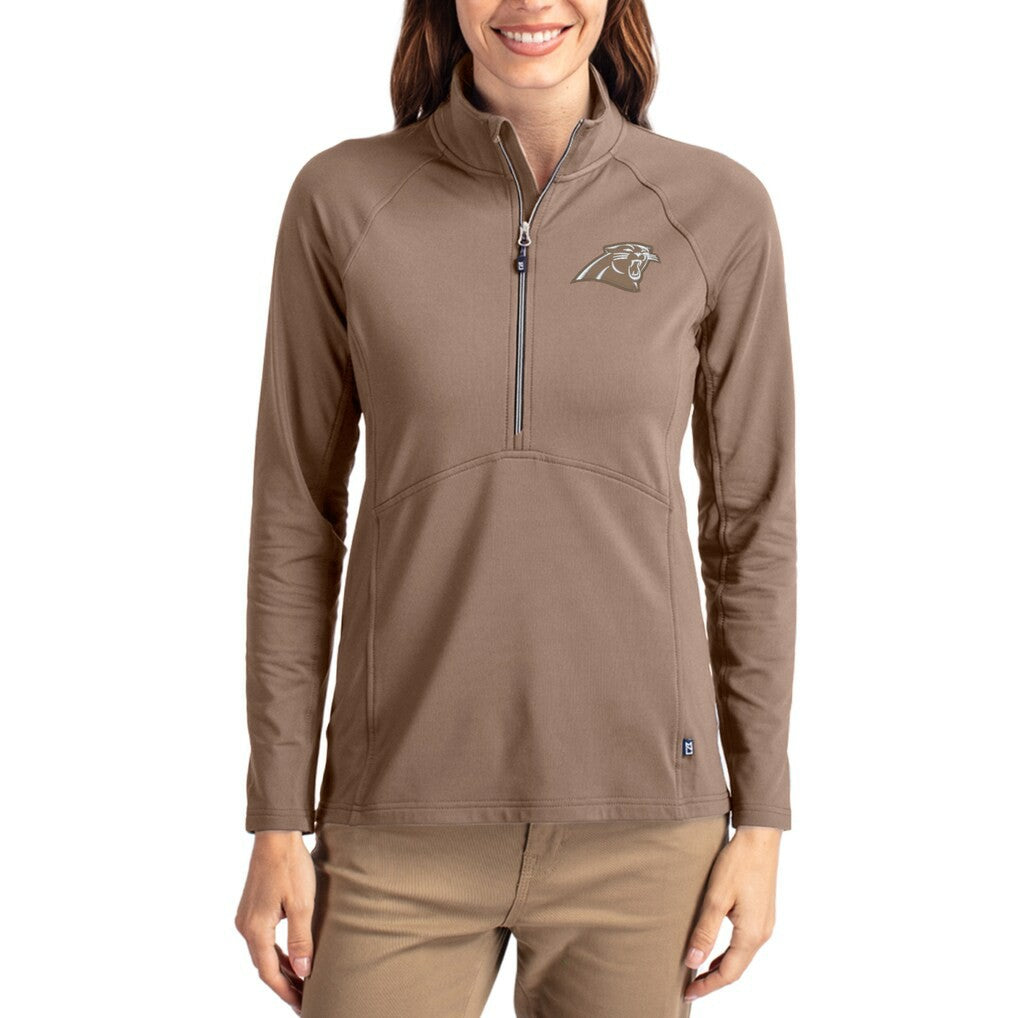 Carolina Panthers Cutter & Buck Women's Tonal Adapt Eco Knit Stretch Recycled Raglan Half-Zip Pullover Brown