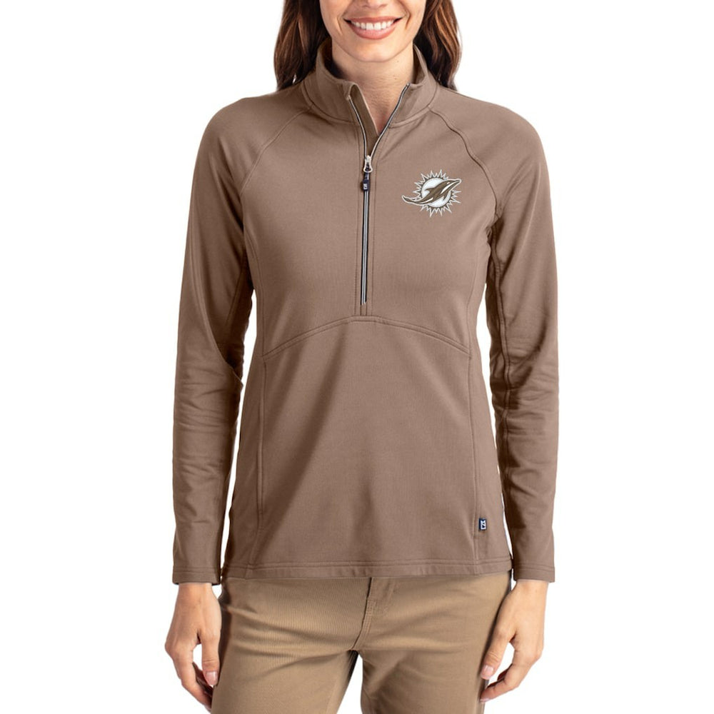 Miami Dolphins Cutter & Buck Women's Tonal Adapt Eco Knit Stretch Recycled Raglan Half-Zip Pullover Brown
