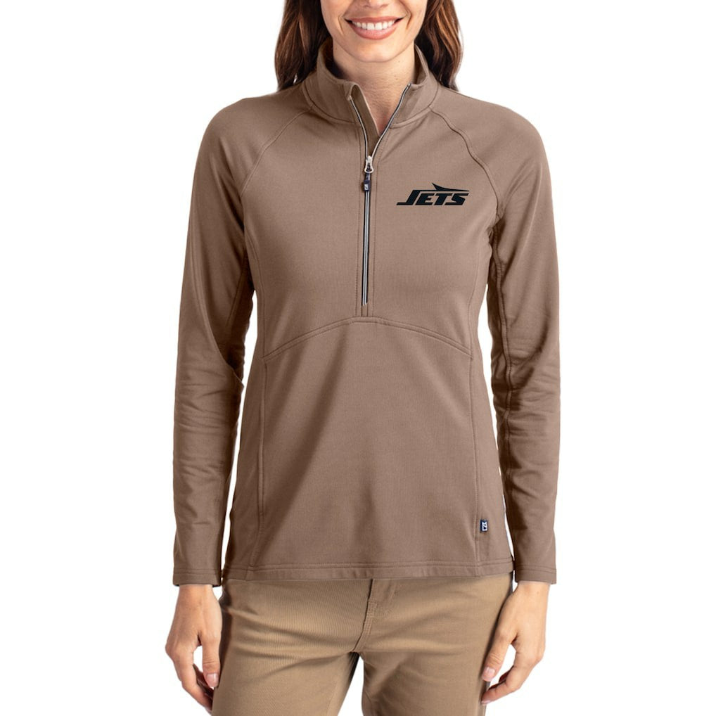 New York Jets Cutter & Buck Women's Tonal Adapt Eco Knit Stretch Recycled Raglan Half-Zip Pullover Brown