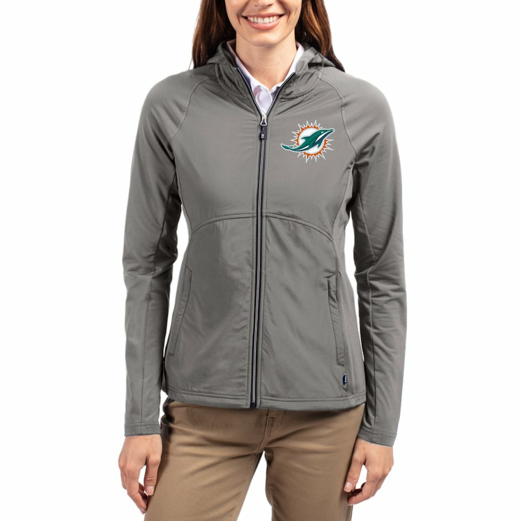 Miami Dolphins Cutter & Buck Women's Adapt Eco Knit Hybrid Recycled Raglan Full-Zip Hoodie Jacket Gray