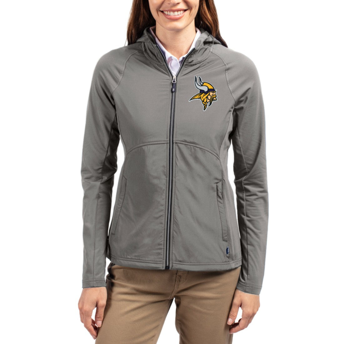 Minnesota Vikings Cutter & Buck Women's Adapt Eco Knit Hybrid Recycled Raglan Full-Zip Hoodie Jacket Gray
