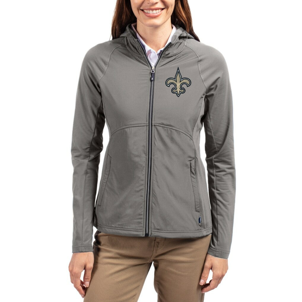 New Orleans Saints Cutter & Buck Women's Adapt Eco Knit Hybrid Recycled Raglan Full-Zip Hoodie Jacket Gray