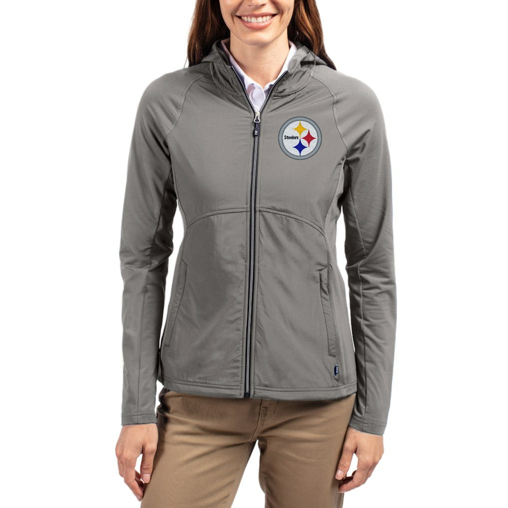 Pittsburgh Steelers Cutter & Buck Women's Adapt Eco Knit Hybrid Recycled Raglan Full-Zip Hoodie Jacket Gray