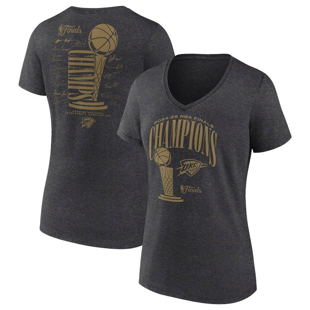 Oklahoma City Thunder Women's 2025 NBA Finals Champions Double Dribble V-Neck T-Shirt Heather Charcoal | Fanatics US
