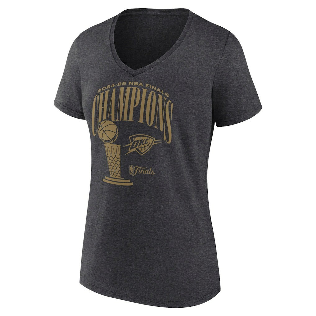Oklahoma City Thunder Women's 2025 NBA Finals Champions Double Dribble V-Neck T-Shirt Heather Charcoal | Fanatics US