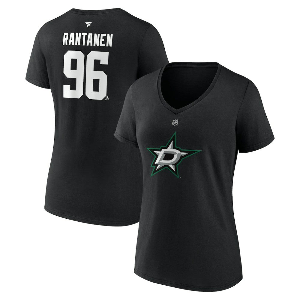 Mikko Rantanen Dallas Stars Fanatics Women's Authentic Stack Name & Number V-Neck T-Shirt - Black - NHL 203171125