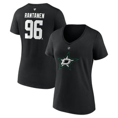 Mikko Rantanen Dallas Stars Fanatics Women's Authentic Stack Name & Number V-Neck T-Shirt - Black - NHL 203171125