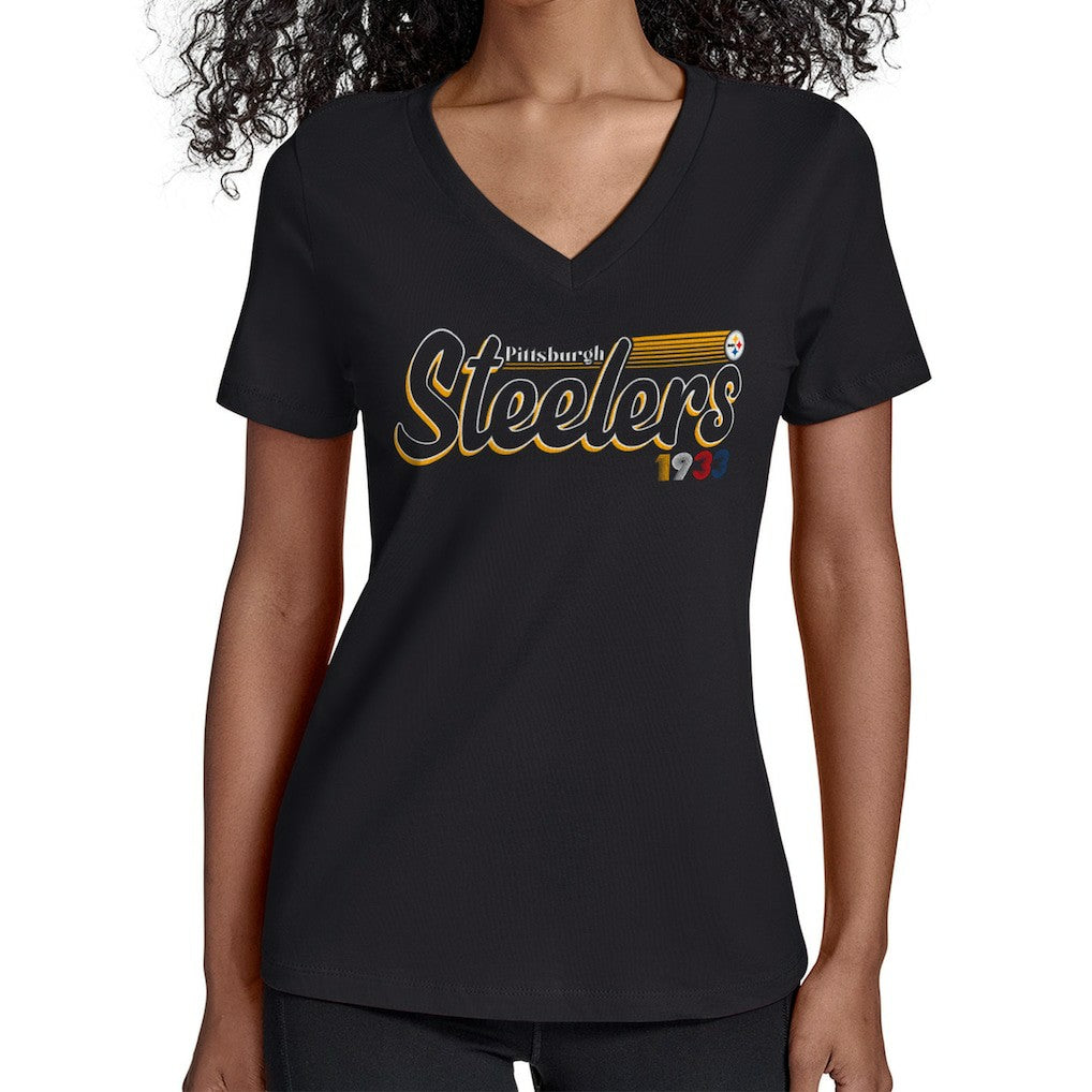 Pittsburgh Steelers Starter Women's Groovy Script V-Neck T-Shirt Black