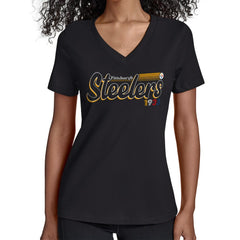 Pittsburgh Steelers Starter Women's Groovy Script V-Neck T-Shirt Black