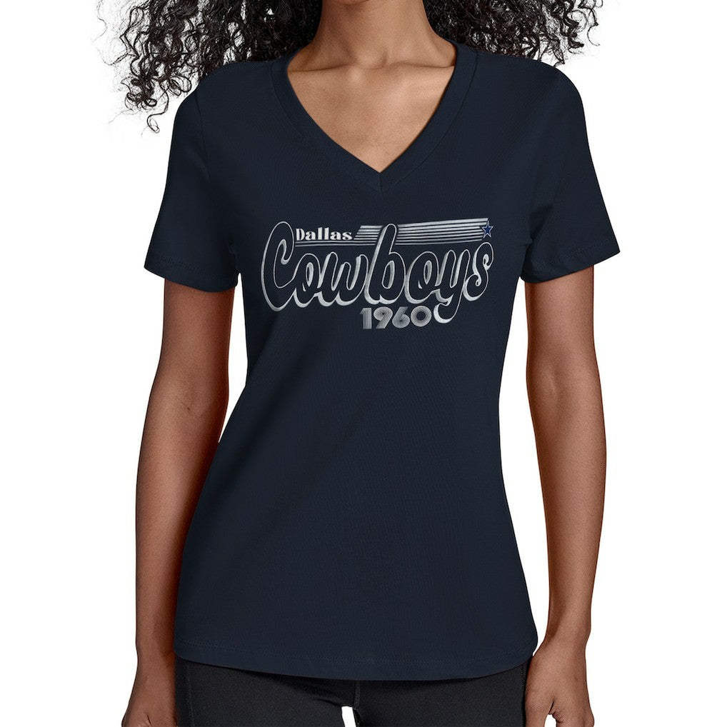 Dallas Cowboys Starter Women's Groovy Script V-Neck T-Shirt Navy