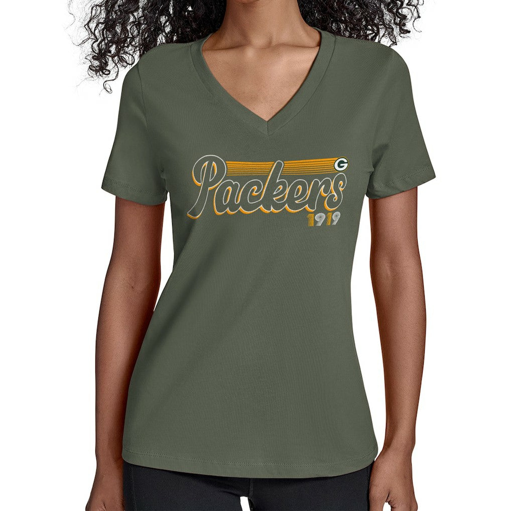 Green Bay Packers Starter Women's Groovy Script V-Neck T-Shirt Green