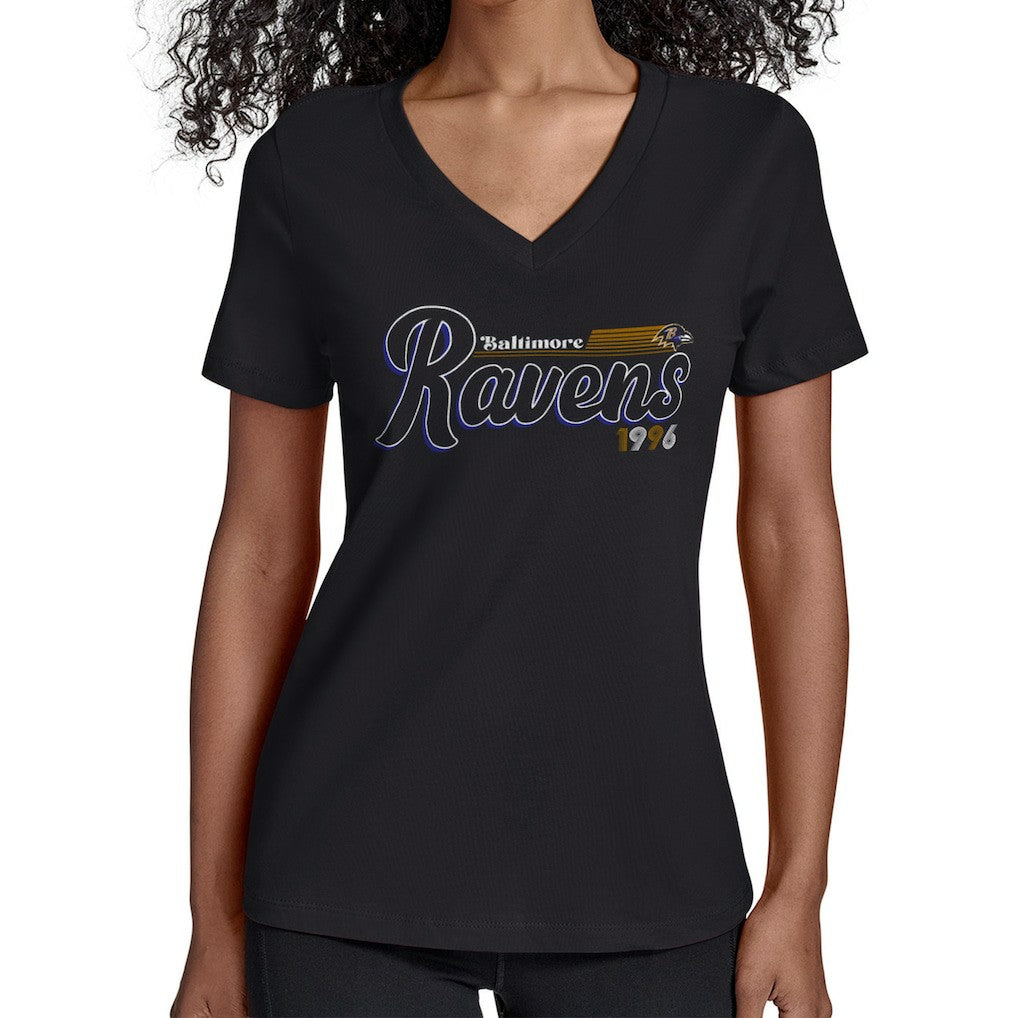 Baltimore Ravens Starter Women's Groovy Script V-Neck T-Shirt Black