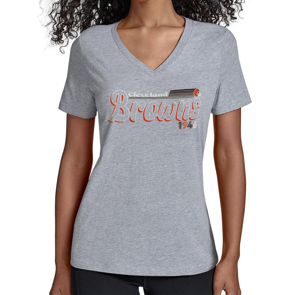 Cleveland Browns Starter Women's Groovy Script V-Neck T-Shirt Gray