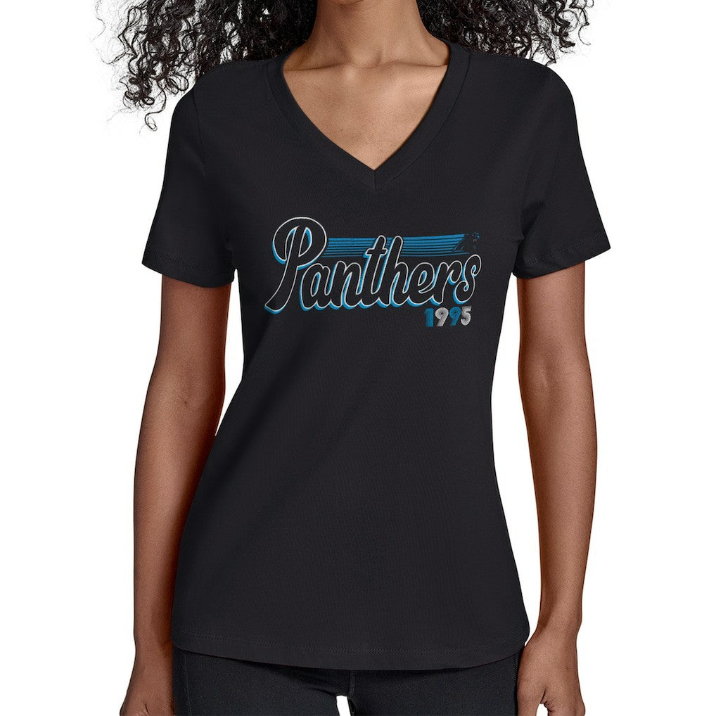 Carolina Panthers Starter Women's Groovy Script V-Neck T-Shirt Black