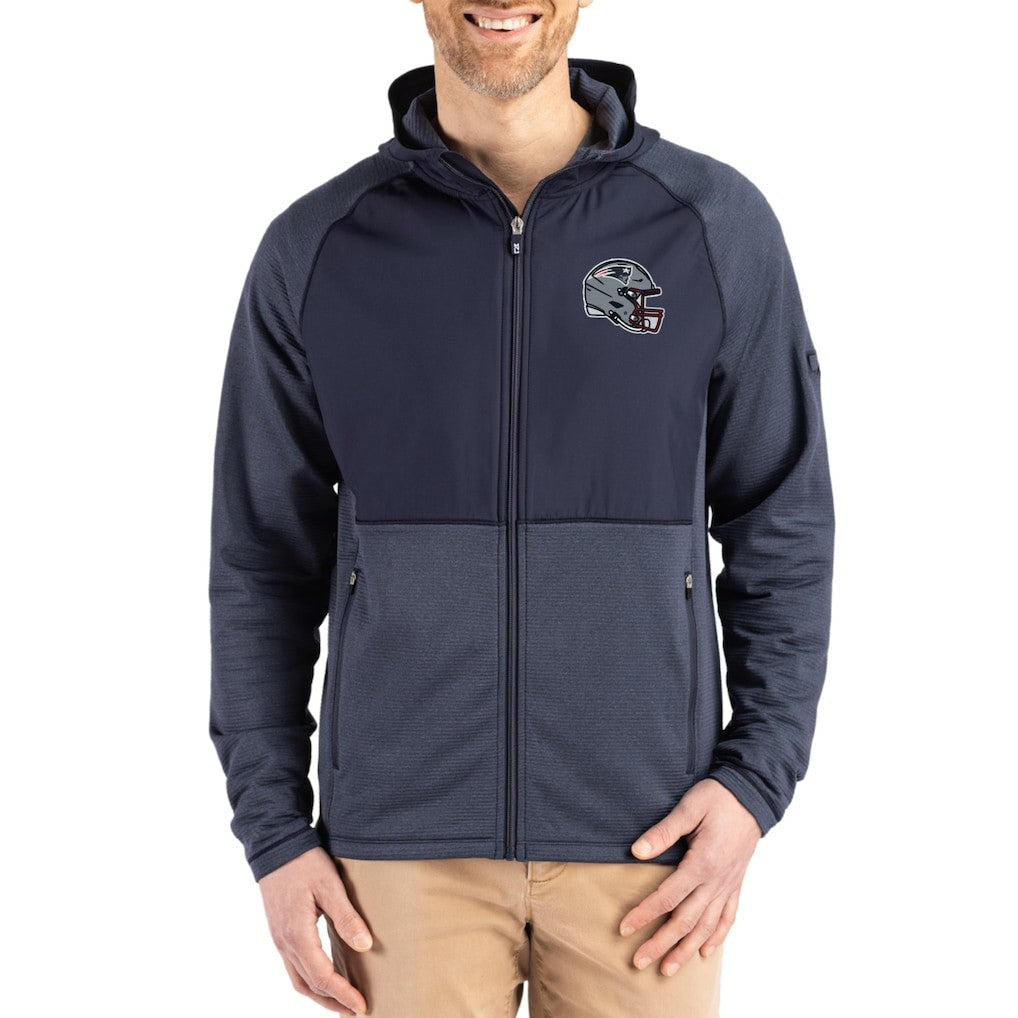 New England Patriots Cutter & Buck Peshastin Eco Fleece Recycled Raglan Full-Zip Tri-Blend Hybrid Jacket Heather Navy
