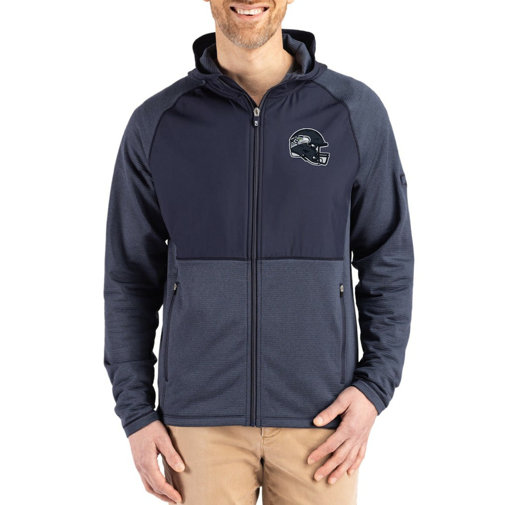 Seattle Seahawks Cutter & Buck Peshastin Eco Fleece Recycled Raglan Full-Zip Tri-Blend Hybrid Jacket Heather College Navy