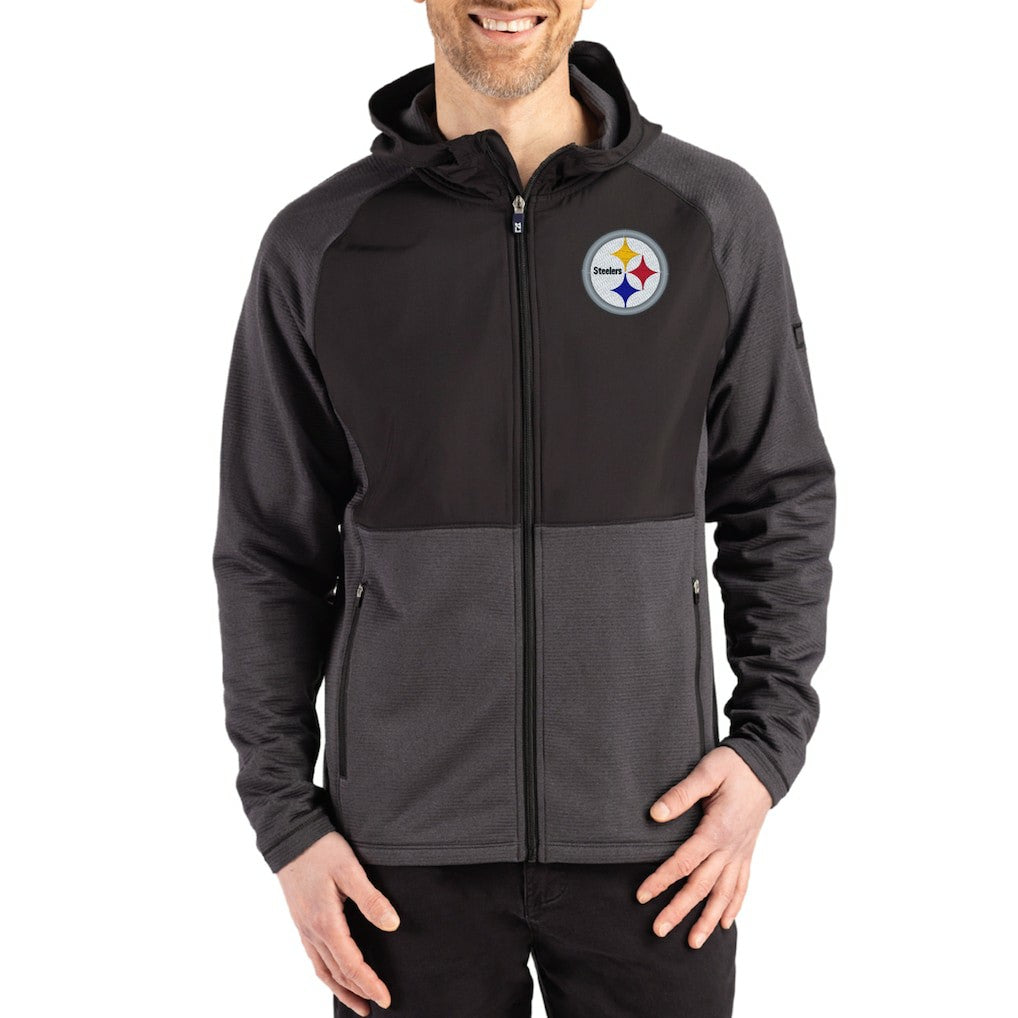 Pittsburgh Steelers Cutter & Buck Peshastin Eco Fleece Recycled Raglan Full-Zip Tri-Blend Hybrid Jacket Heather Black