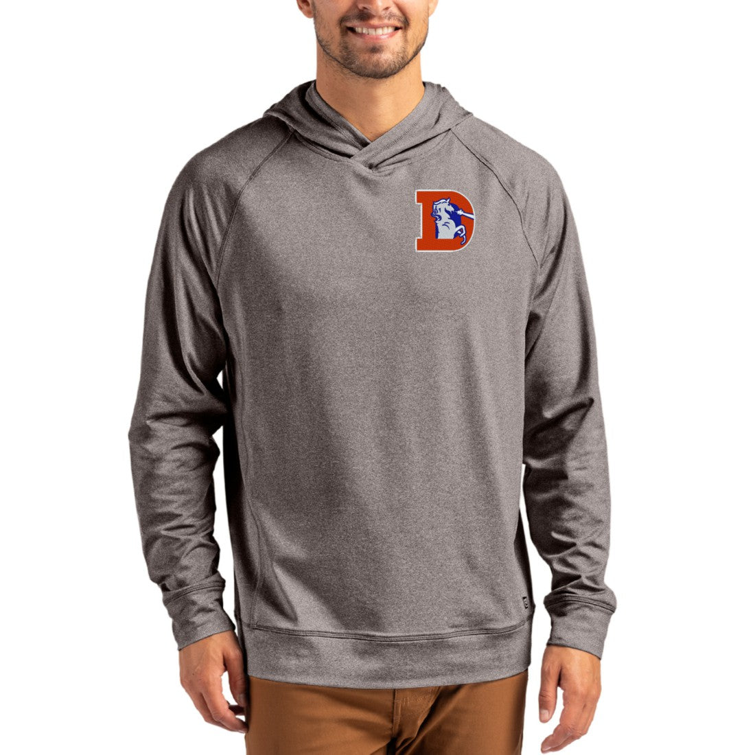 Denver Broncos Cutter & Buck Adapt Historic Knit Recycled Raglan Pullover Hoodie Heather Gray
